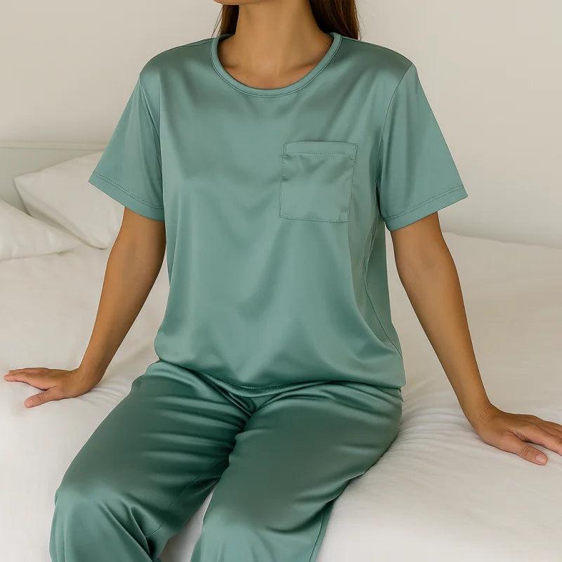 Ensemble Pyjama Satin Femme Bleu Marine