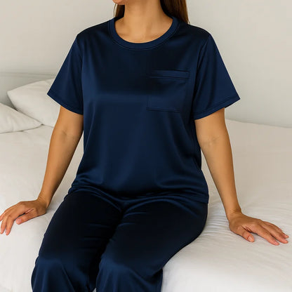 Ensemble Pyjama Satin Femme Bleu Marine