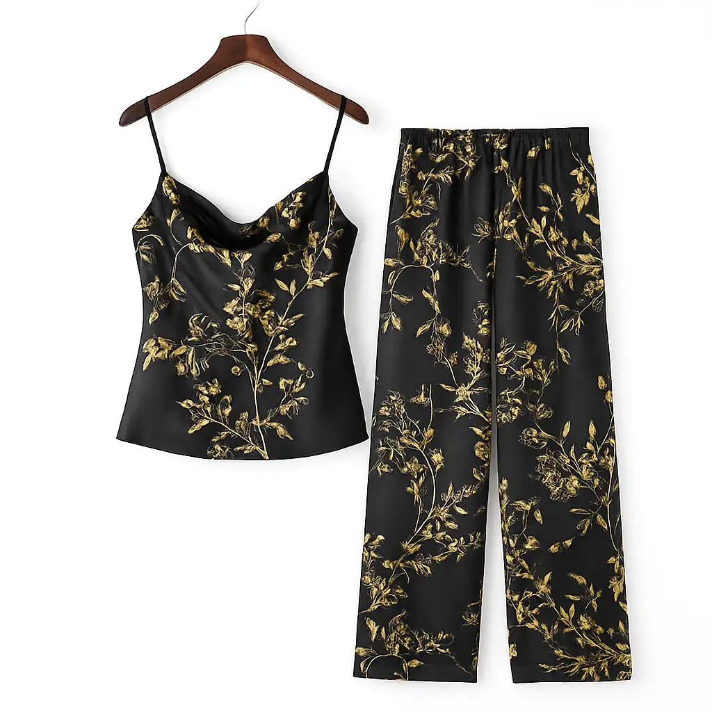 Pyjama Satin Femme Noir Doré